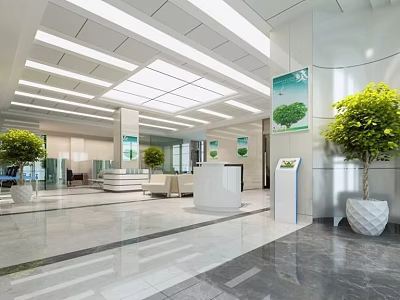 Modern Administrative Service Hall Interior With Spacious Bright Design Marble Floor And Green Plants 3d model