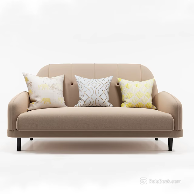 Light Brown Two Seater Sofa With Three Patterned Cushions And Black Legs 3d model