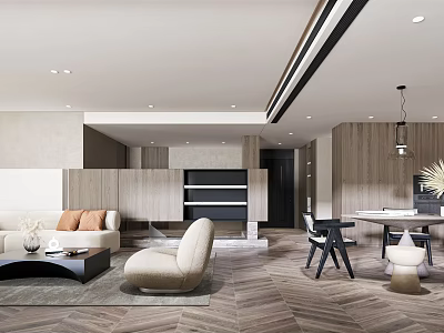 Modern Living And Dining Room Interior With Sofa Dining Table Chairs Pendant Lighting And Herringbone Floor 3d model