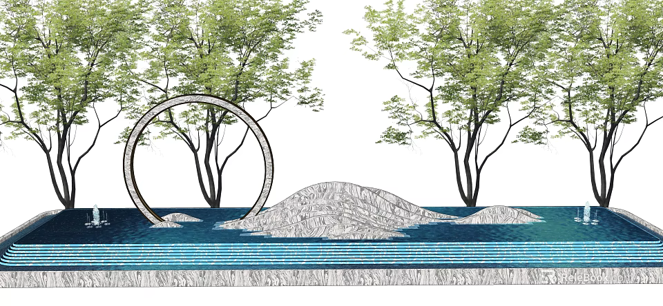 Elegant Garden Ornament with Circular Ring Trees Water Pool and Stone Mound 3d model 