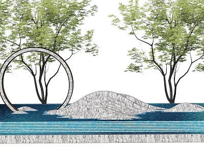 Elegant Garden Ornament with Circular Ring Trees Water Pool and Stone Mound 3d model