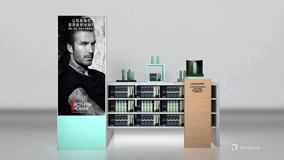 Display Shelves With Skincare Products Green Bottles And Male Figure Advertising Board 3d model 