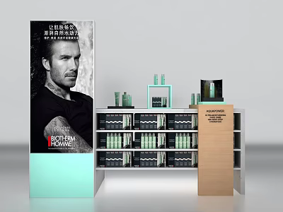 Display Shelves With Skincare Products Green Bottles And Male Figure Advertising Board 3d model
