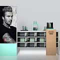 Display Shelves With Skincare Products Green Bottles And Male Figure Advertising Board