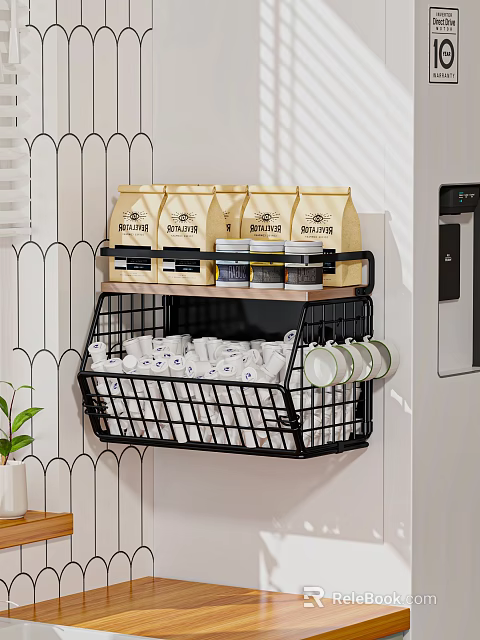 Organized Kitchen Coffee Station With Wall Mounted Storage Rack Coffee Bags Cups And Jars 3d model 