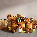 Fresh Vegetables Arranged In Wooden Crates Baskets Sacks With Tomatoes Onions Corn And Wheat