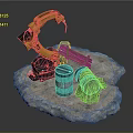 Yellow Robotic Arm Handling Wooden Plank Blue Barrel And Green Cloth On Stone Platform