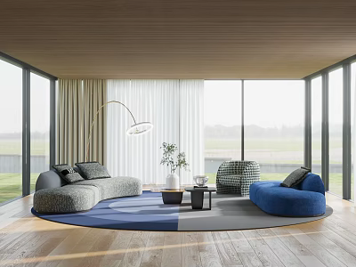 Modern Living Room Interior Design With Curved Sofa Blue Armchair And Large Windows 3d model