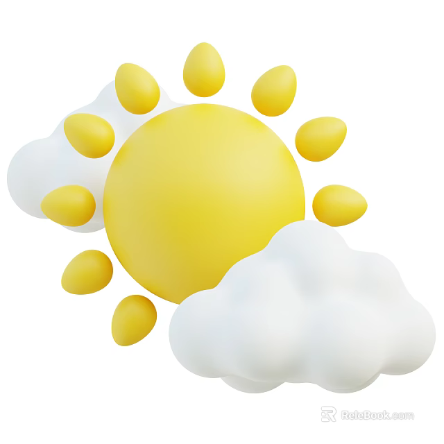 Cartoon Style Decorative Ornament Set With Yellow Sun And White Clouds 3d model 