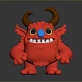 Red Monster Game and Movie Character with Brown Horns Big Eyes and Sharp Teeth