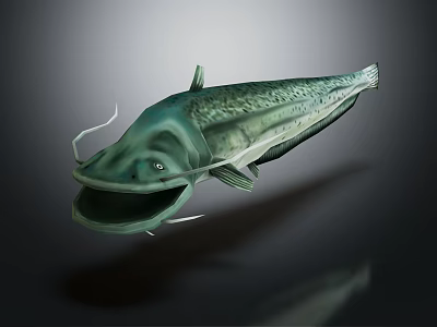 Green Fish With Open Mouth And Whiskers On Dark Background 3D Rendering 3d model