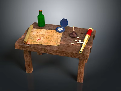 Vintage Wooden Table Display With Old Map Green Bottle Blue Box Candle Coins And Spyglass 3d model