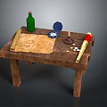 Vintage Wooden Table Display With Old Map Green Bottle Blue Box Candle Coins And Spyglass