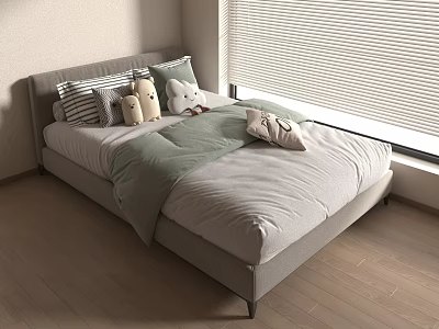 Modern Children's Bed With Plush Toys Striped Pillow And Green Blanket Near Window With Blinds 3d model