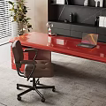 Modern Study Room Interior With Red Desk Black Shelves Laptop And Floor Lamp
