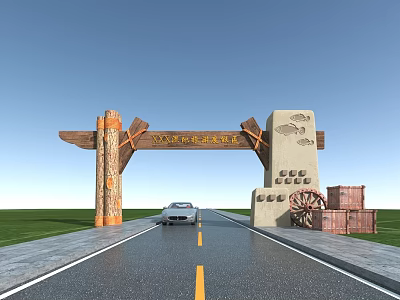 Traditional Archway With Wooden Stone Structure Golden Inscriptions And Wagon Wheel Decorations 3d model