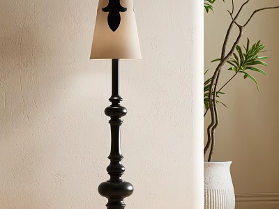 Black Turned Floor Lamp With Ivory Shade Black Leaf Pattern Near Green Plant Textured Wall 3d model