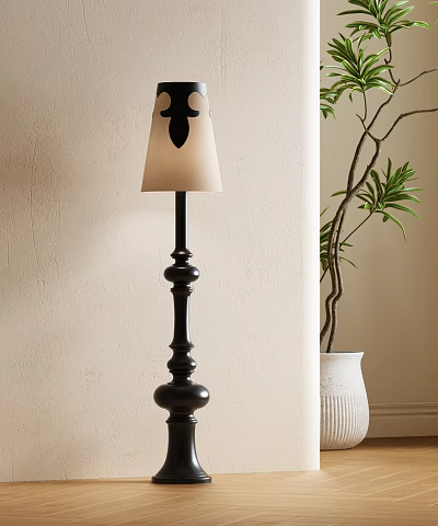 Black Turned Floor Lamp With Ivory Shade Black Leaf Pattern Near Green Plant Textured Wall 3d model