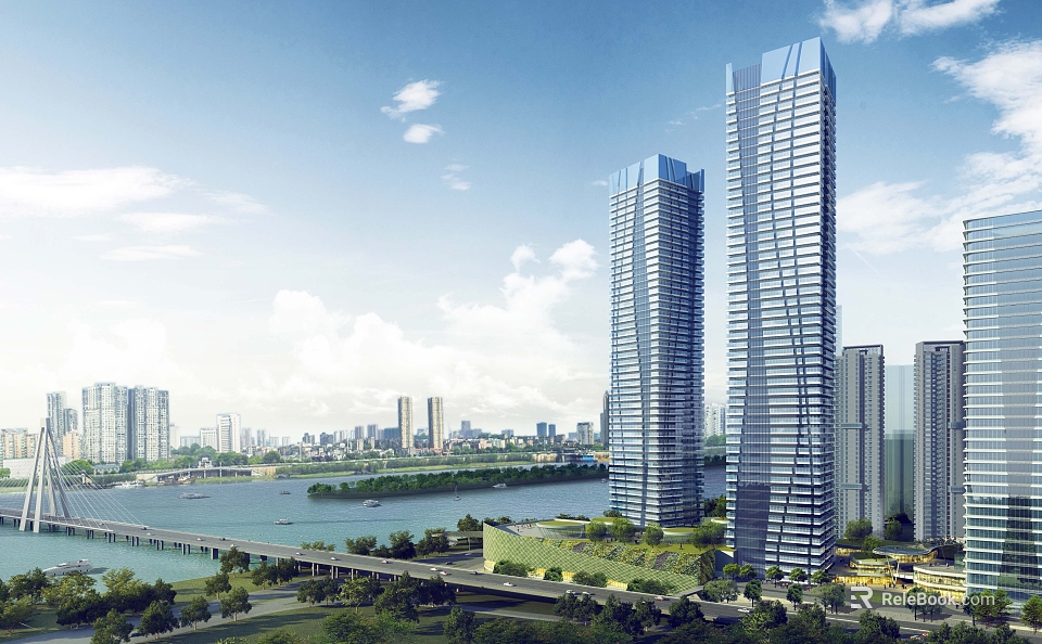 Modern High rise Office Buildings With Glass Curtain Walls River Bridge And Surrounding Green Areas 3d model 