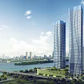 Modern High rise Office Buildings With Glass Curtain Walls River Bridge And Surrounding Green Areas