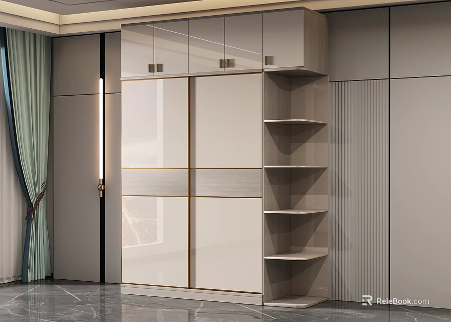 Modern Wardrobe Interior Design With Sliding Doors Open Shelves And Metal Accents 3d model 