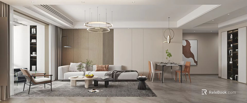 Modern Living Dining Room Interior With Sofa Dining Table Chandeliers Rug And Wall Decor 3d model