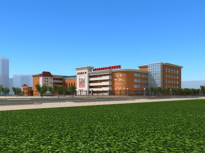 Red Brick School Building With Multi story Teaching Structure And Green Lawn Front Area 3d model