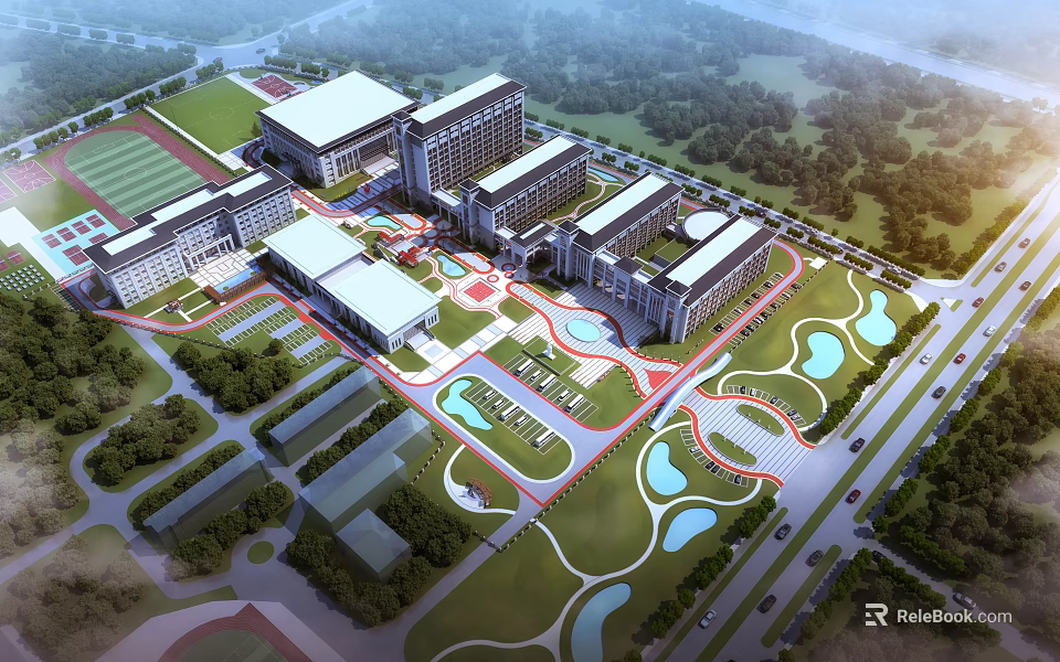 Comprehensive Aerial Planning of University Campus With Modern Buildings Green Spaces Water Features And Pathways 3d model 