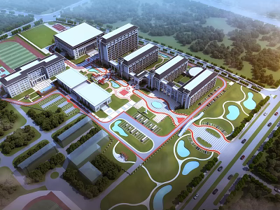 Comprehensive Aerial Planning of University Campus With Modern Buildings Green Spaces Water Features And Pathways 3d model