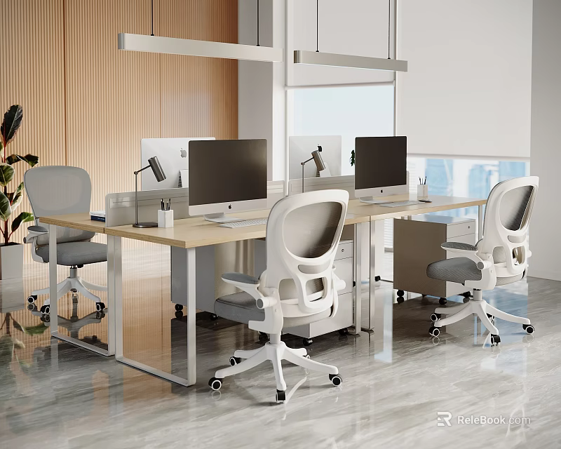 Modern Office Workstations With Computers Ergonomic Chairs Large Windows And Potted Plants 3d model