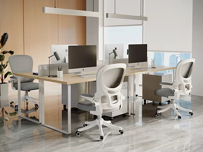 Modern Office Workstations With Computers Ergonomic Chairs Large Windows And Potted Plants 3d model
