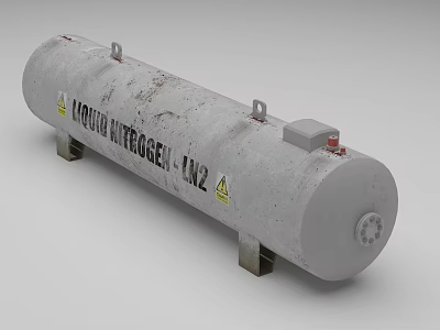 Grey Liquid Nitrogen LN2 Storage Tank With Warning Signs And Stand 3d model