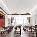 School Interior Space Featuring Spacious Layout Wooden Tables Chairs Red Artwork And Display Racks