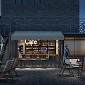 Evening Cafe Exterior Featuring Brick Building Awning Bar Counter Wine Bottles And Outdoor Seating