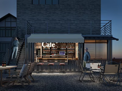 Evening Cafe Exterior Featuring Brick Building Awning Bar Counter Wine Bottles And Outdoor Seating 3d model