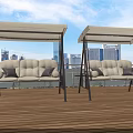 Outdoor Swing Chairs With Canopy Beige Gray Cushions Round Pillows On Wooden Deck City Skyline