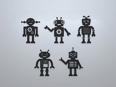 Five Black Robot Silhouettes With Various Mechanical Designs On White Background 3d model Five Black Robot Silhouettes With Various Mechanical Designs On White Background 3d model