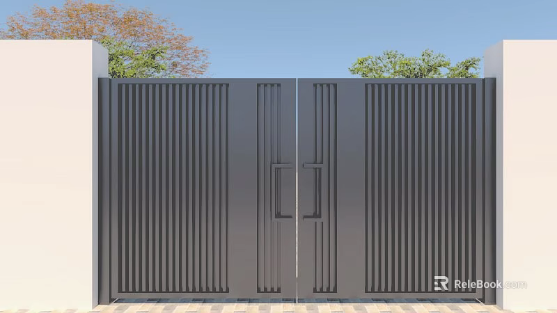 Elegant Modern Gate Exterior Design With Vertical Slats And Double Door Structure Outdoor 3d model 