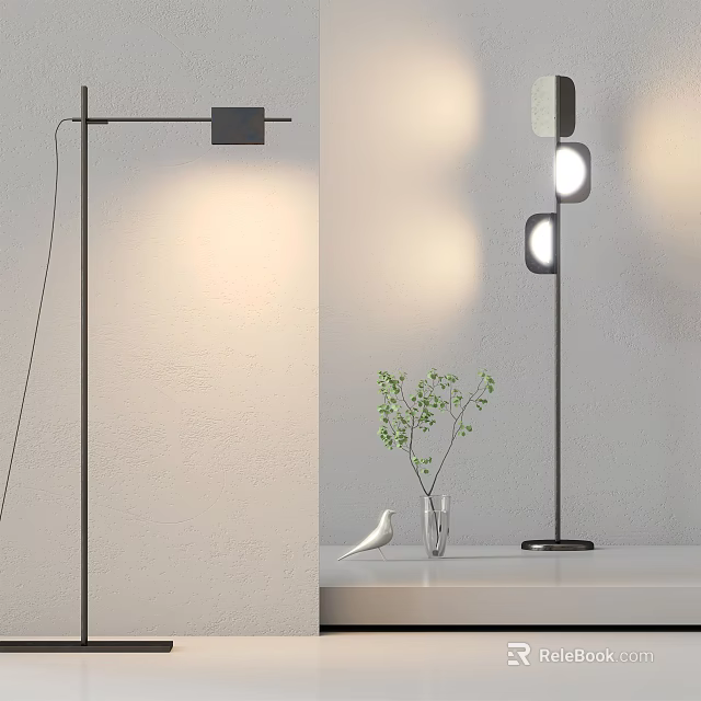 Modern Floor Lamp With Sleek Design Square Circular Shades Bird Ornament And Plant Vase 3d model 