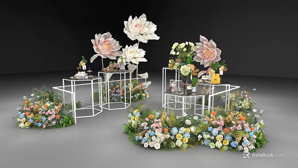Decorative Floral Display With Large Pink White Flowers Colorful Small Blooms On White Metal Stands 3d model 