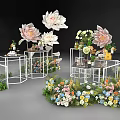 Decorative Floral Display With Large Pink White Flowers Colorful Small Blooms On White Metal Stands