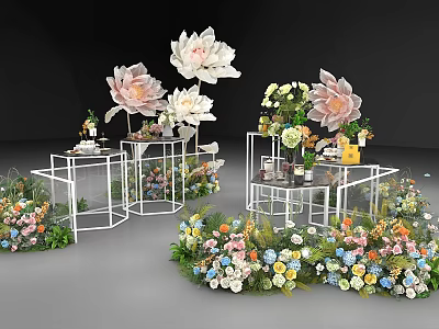 Decorative Floral Display With Large Pink White Flowers Colorful Small Blooms On White Metal Stands 3d model