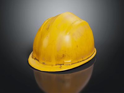 Worn Yellow Safety Helmet Placed On Black Background With Reflection 3d model