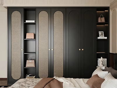 Modern Black Wardrobe With Rattan Panels Open Shelves And Bedroom Decor 3d model
