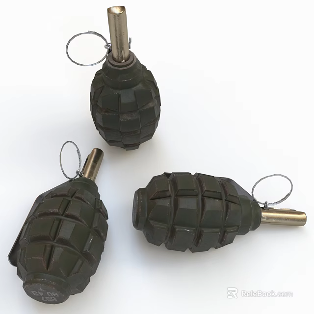 Three Green Military Hand Grenades With Textured Surface And Metal Fuse 3d model 
