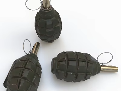 Three Green Military Hand Grenades With Textured Surface And Metal Fuse 3d model