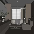 Modern Bathroom Interior With Glass Shower Bathtub Vanity Large Mirror Toilet And Decorative Plant