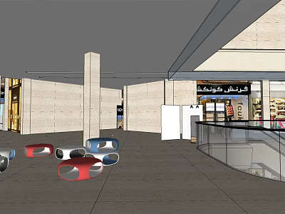 Shopping Mall Lobby Interior With Colorful Seats Glass Counter and Store Signs 3d model