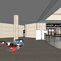Shopping Mall Lobby Interior With Colorful Seats Glass Counter and Store Signs