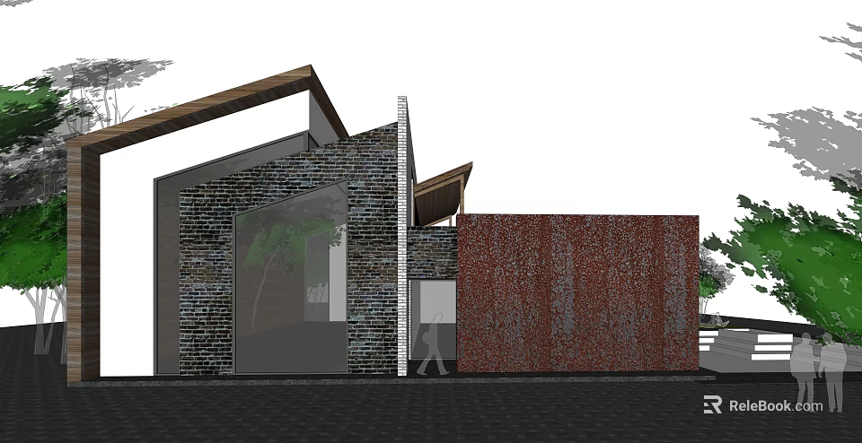 Boutique Guesthouse Building With Brick Structure Rusted Steel Plate Wall And Wooden Roof 3d model 